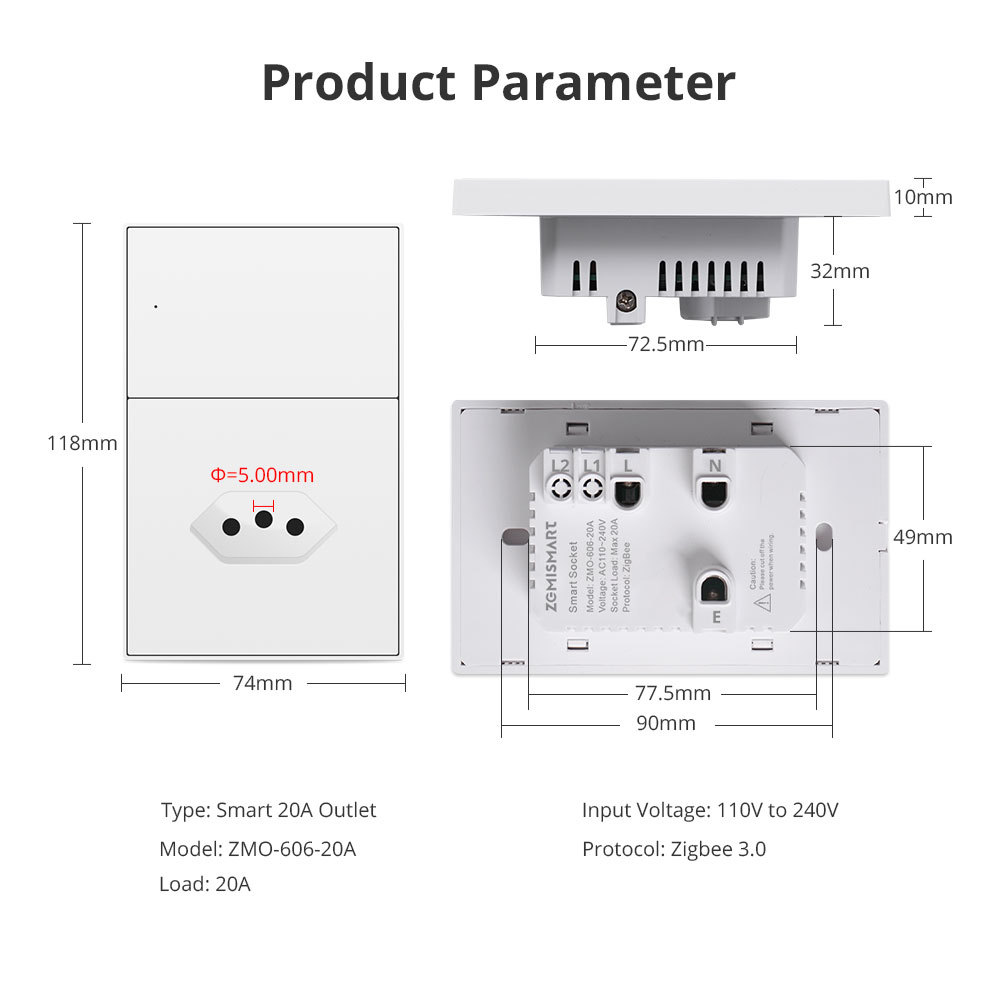 Zemismart Zigbee 20A Brazil Socket Smart Brazilian Wall Outlet Tuya Google Home Smartthings Homekit Control via M1 Matter Hub
