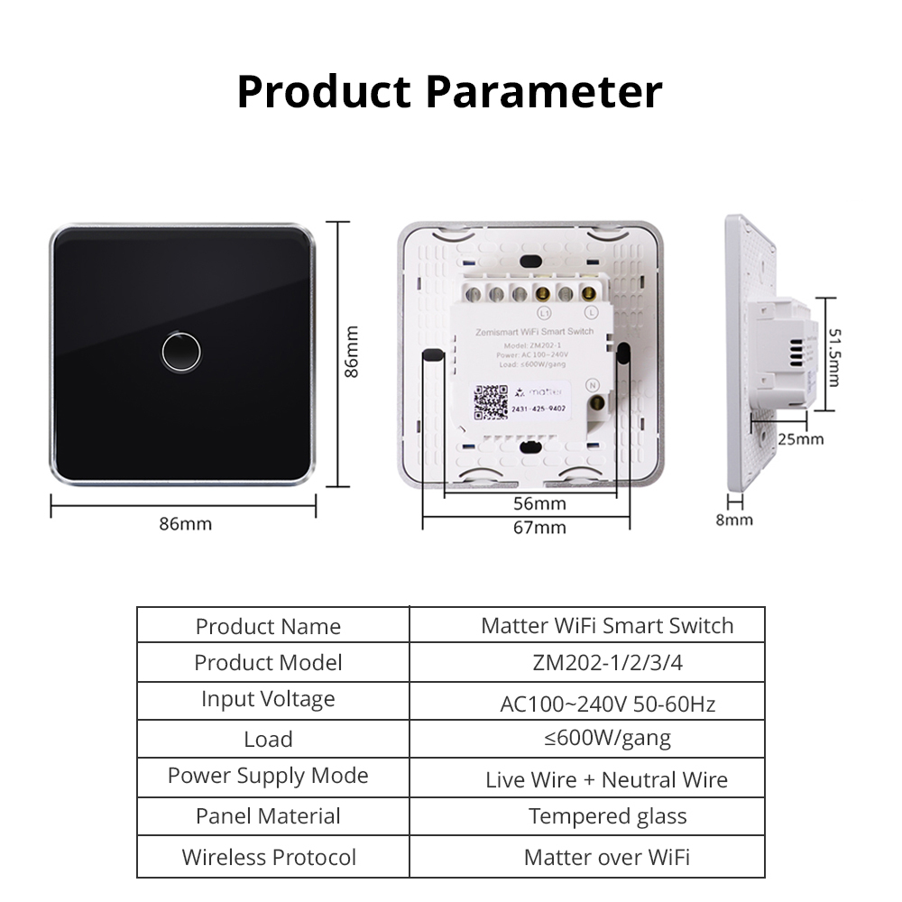 Zemismart Matter over Wifi Smart Touch Switch 1 2 3 4gang touch switch Compatible Voice Control SmartThings App Control