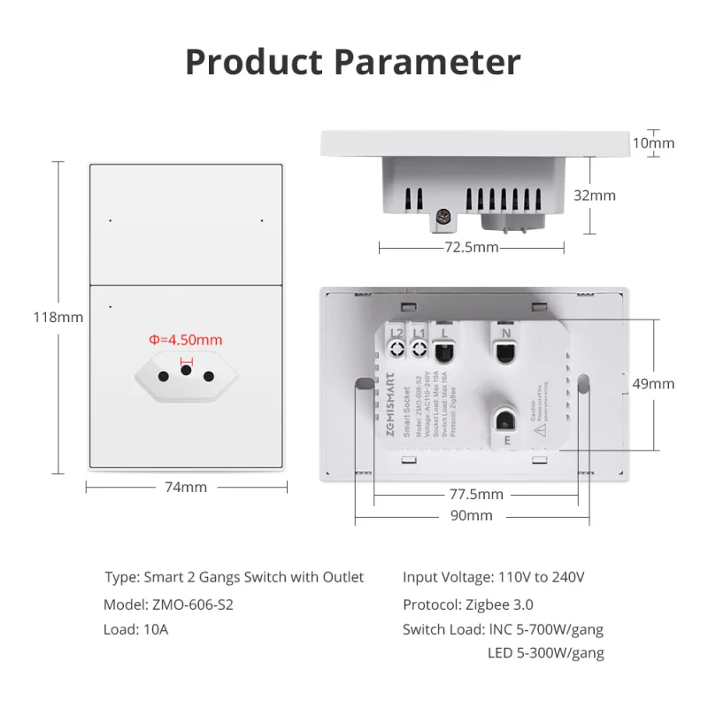 Zemismart Zigbee 2 Gang Light Switch with 10A Brazil Socket Support Tuya Google Home Smartthings Homekit Control via M1 Hub