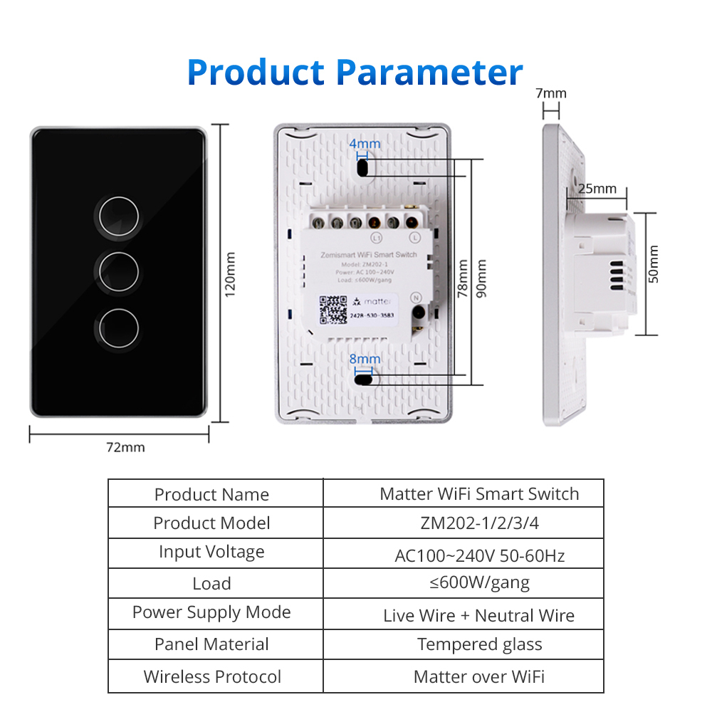 Zemismart Matter over Wifi Smart Touch US Switch 1 2 3 4gang touch switch Compatible Home SmartThings App Control