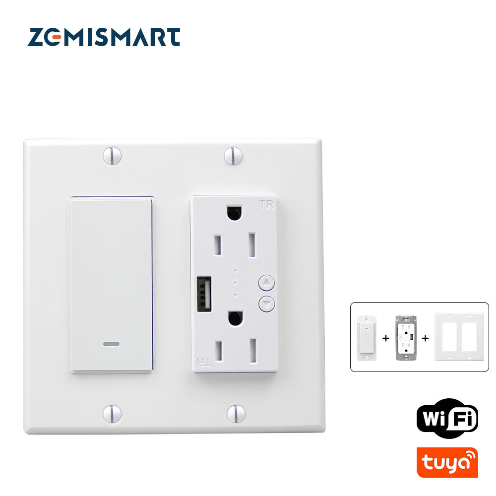WiFi Light Switch with USB Port Outlet  US 2 gangs Tuya Control Alexa Enable 110V