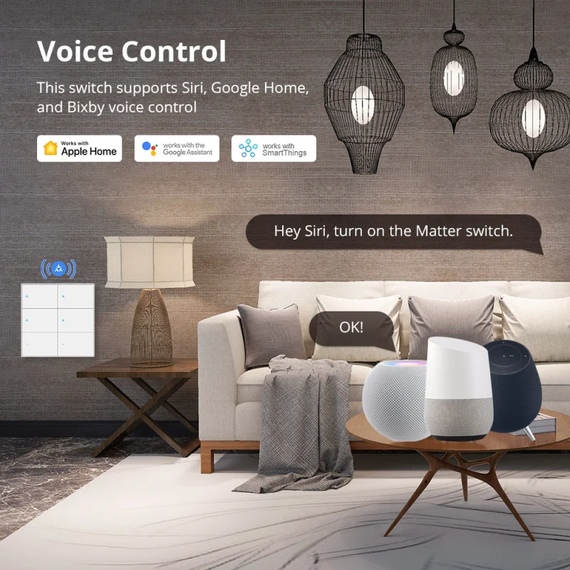 Zemismart Matter WiFi 6 Gangs Smart Wall Light Switch Neutral Required with Big Button SmartThings App Homekit Control