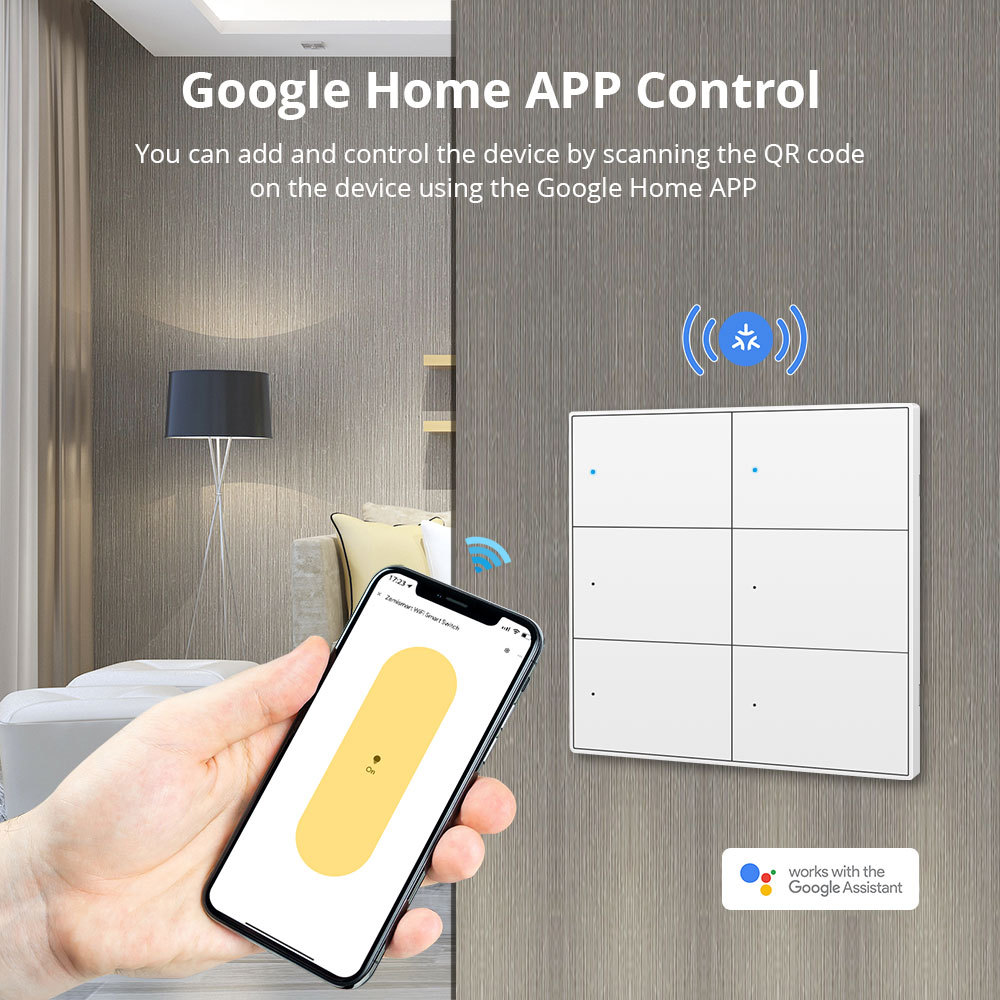 Zemismart Matter WiFi 6 Gangs Smart Wall Light Switch Neutral Required with Big Button SmartThings App Homekit Control