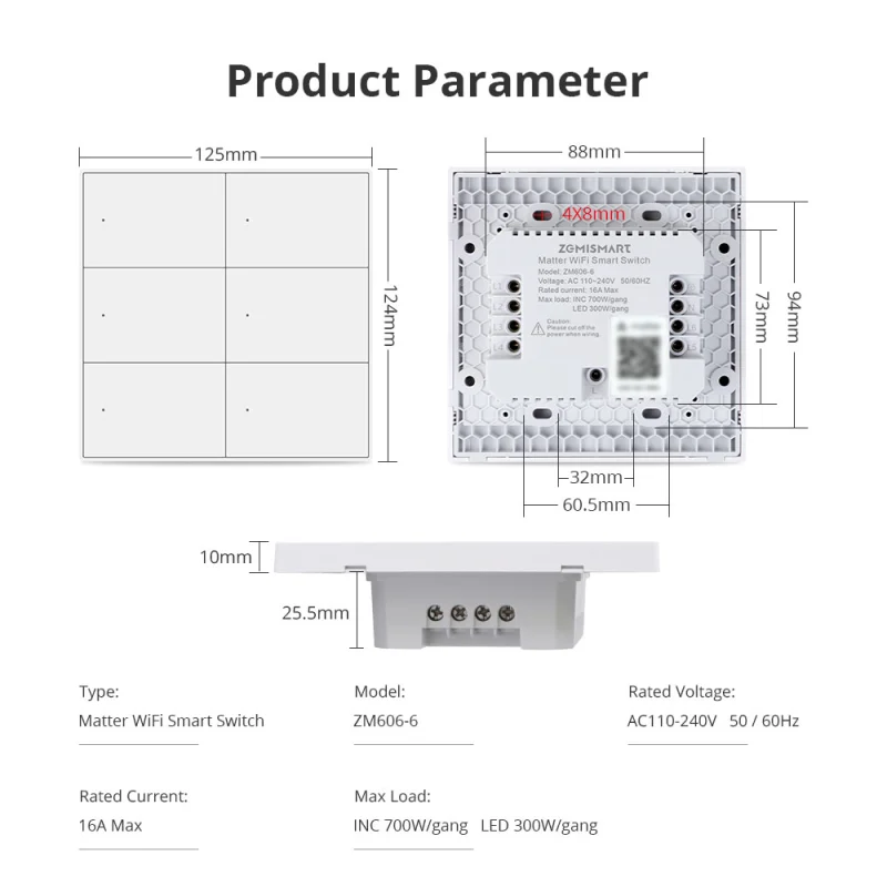 Zemismart Matter WiFi 6 Gangs Smart Wall Light Switch Neutral Required with Big Button SmartThings App Homekit Control