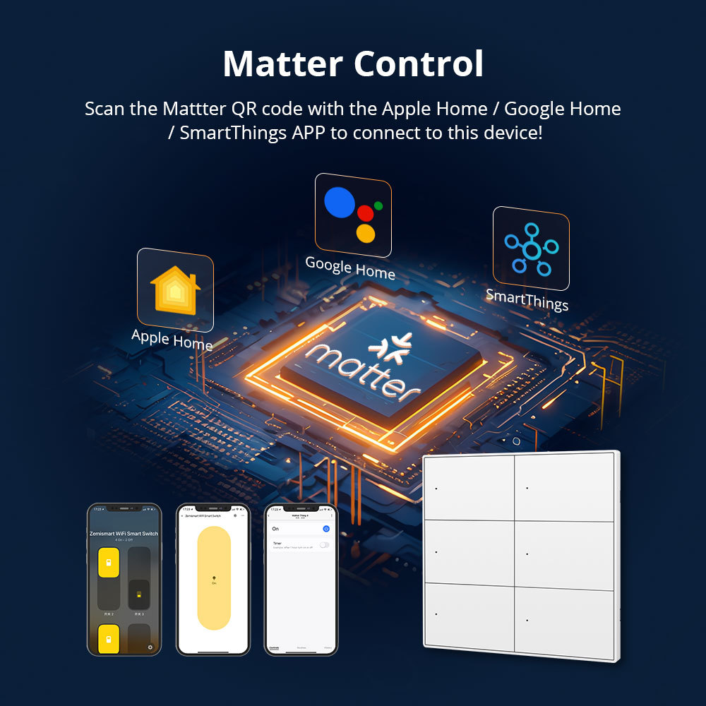 Zemismart Matter WiFi 6 Gangs Smart Wall Light Switch Neutral Required with Big Button SmartThings App Homekit Control