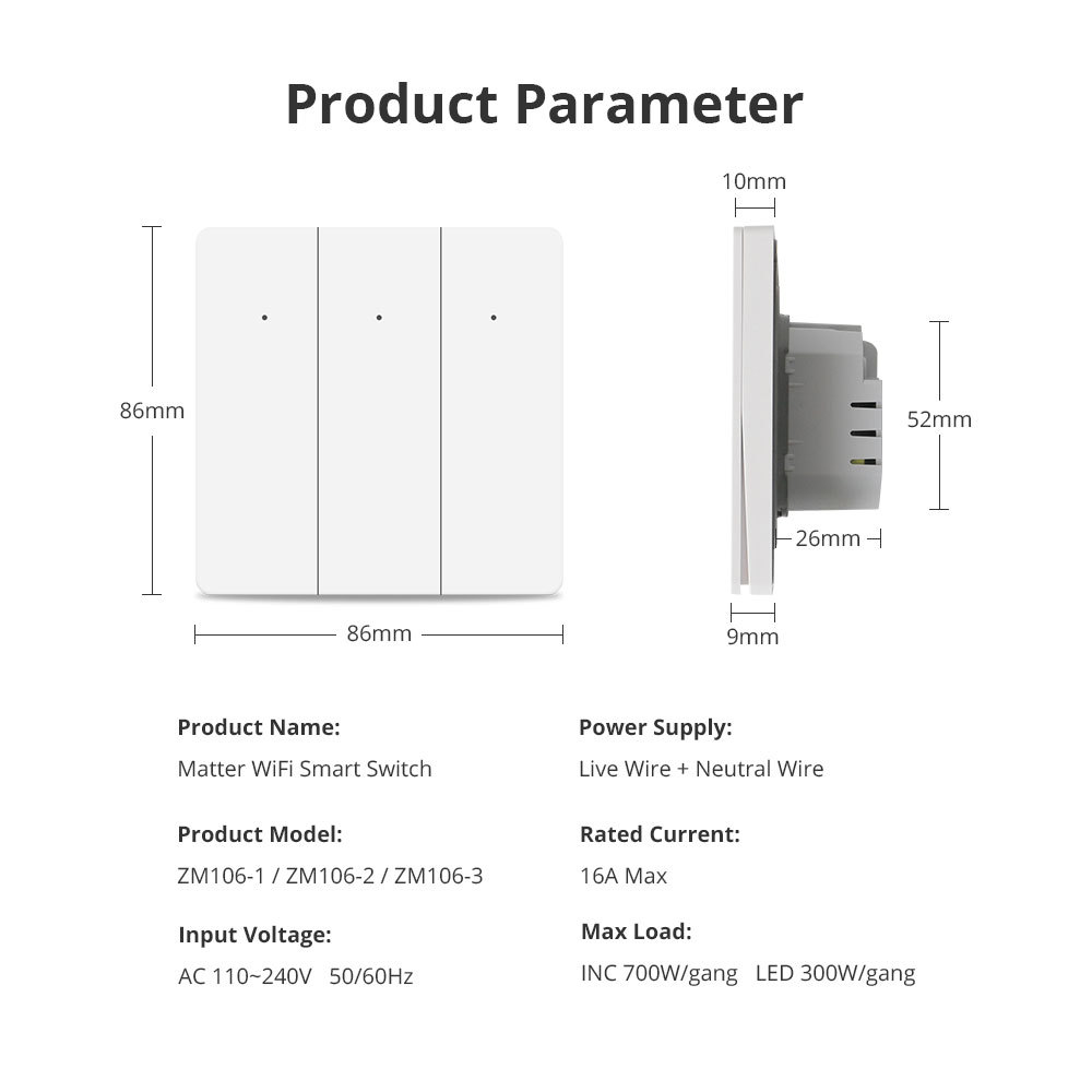 Zemismart Matter over Wifi Smart Push Button EU Switch 1 2 3 gang Compatible Home SmartThings Google Home App Control