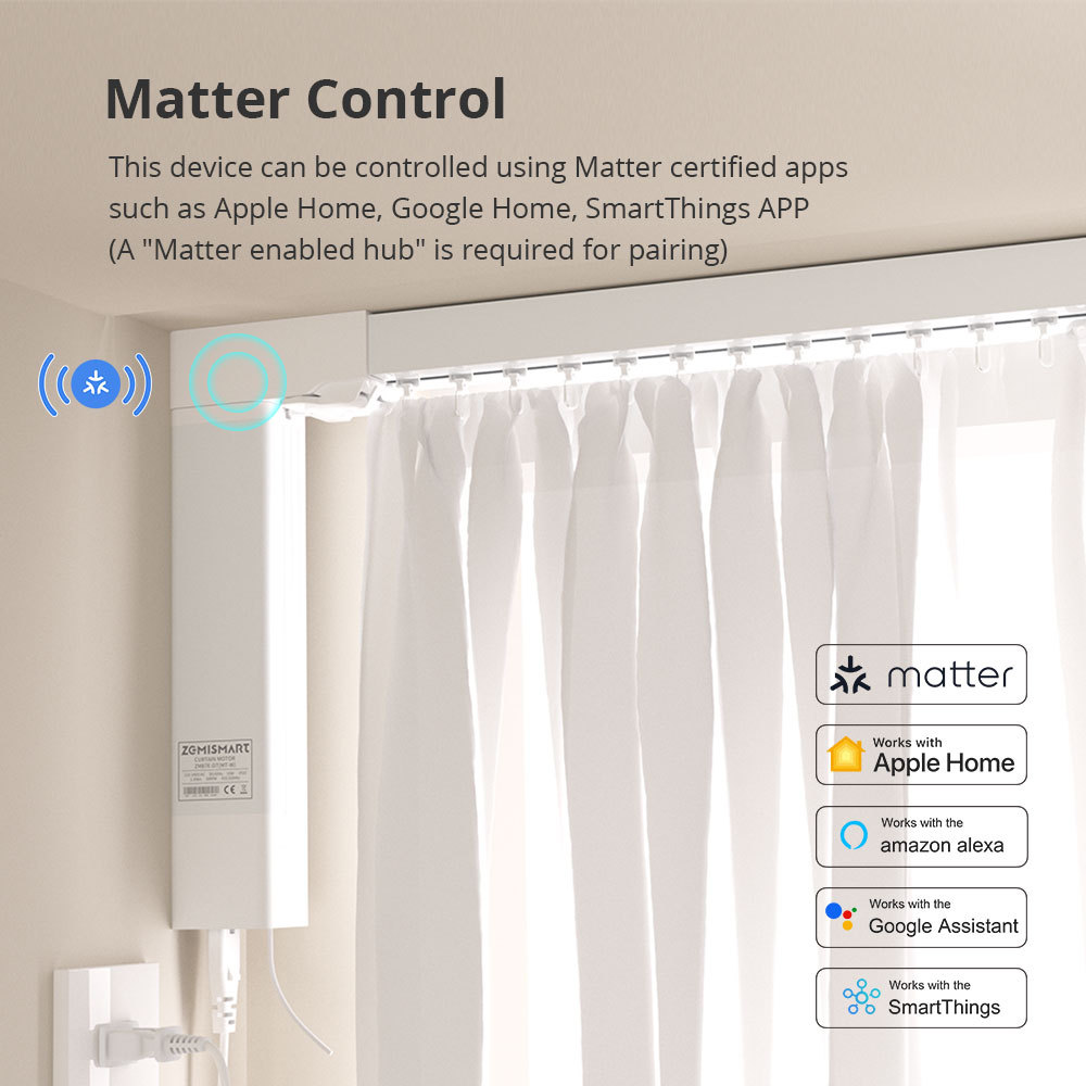 Zemismart Matter Over Wifi Slide Curtain Smart HomeKit SmartThings Google Home APP Control by Siri Voice Control Easy Installation
