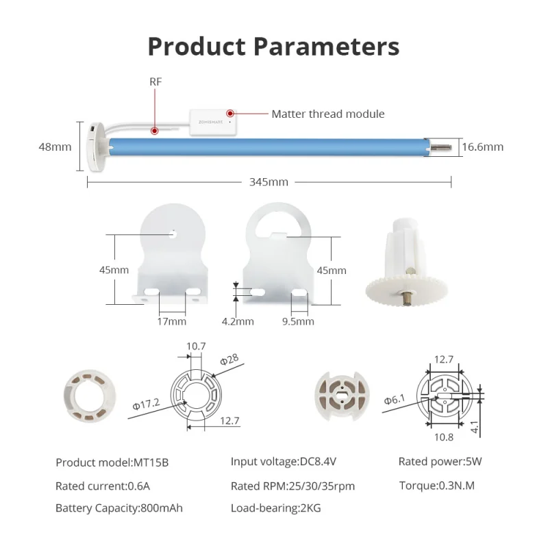 Zemismart Matter over Thread Built-in Battery Blind Motor compatible with 20/28mm Tubes HomeKit Google Home App Siri Control