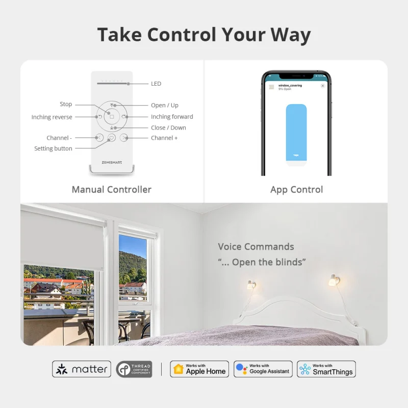 Zemismart Matter over Thread Built-in Battery Blind Motor compatible with 20/28mm Tubes HomeKit Google Home App Siri Control