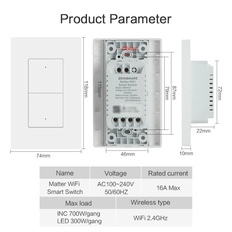 Zemismart Wifi Matter US Standard 3-Way Switch with Frame HomeKit Google Home SmartThings Home Assistant Voice Control