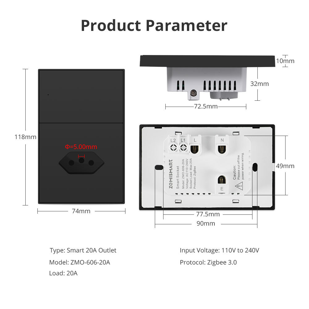 Zemismart Zigbee 20A Brazil Socket Smart Brazilian Wall Outlet Black Color Tuya Google Home Smartthings Homekit Control via M1 Matter Hub