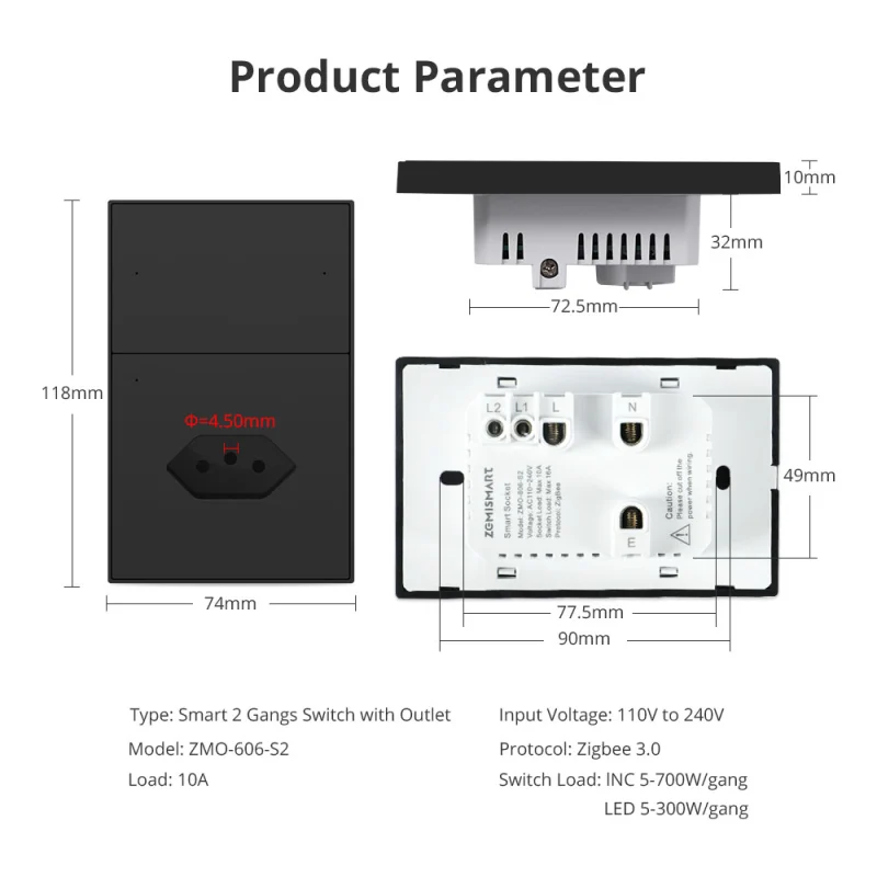 Zemismart Zigbee 2 Gang Light Switch with 10A Brazil Socket Black Color Support Tuya Google Home Smartthings Homekit Control via M1 Hub