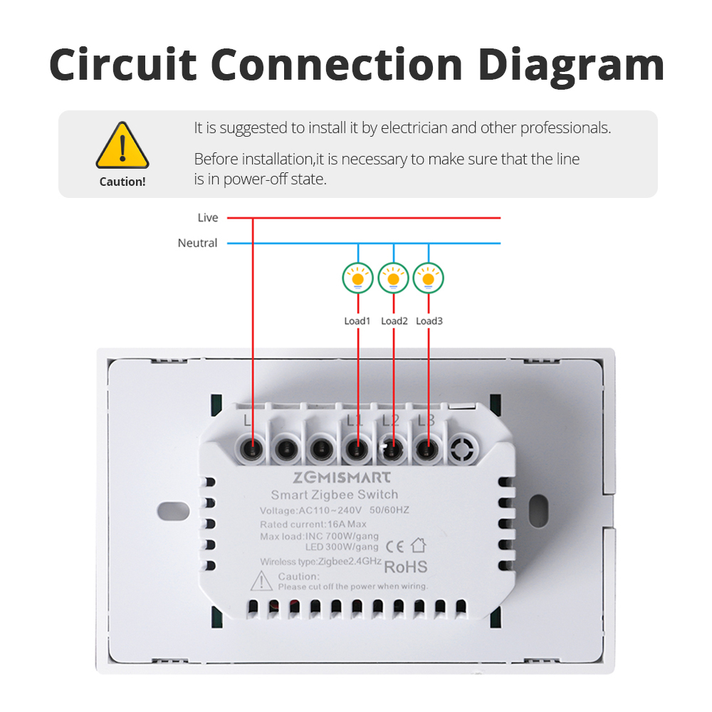 Zemismart Zigbee No Neutral Push Switch 606-3