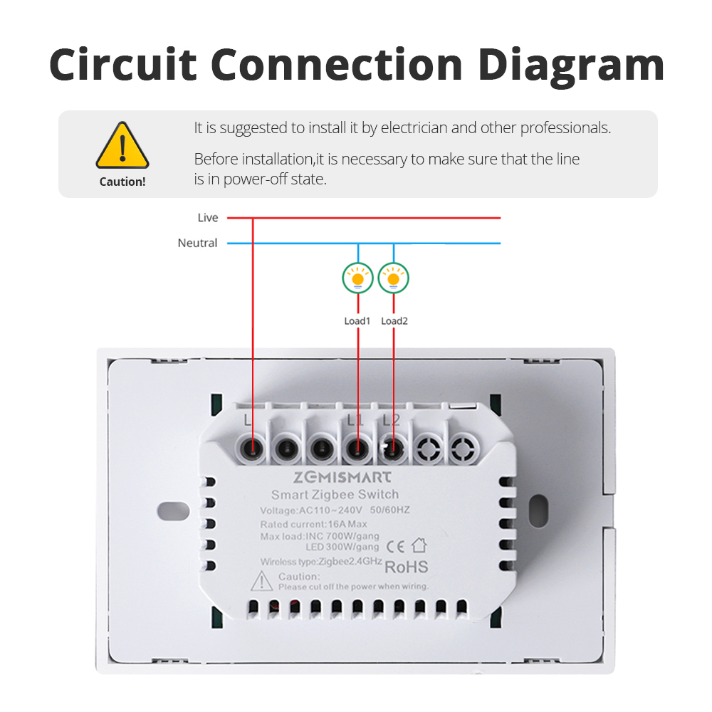 Zemismart Zigbee No Neutral Push Switch 606-2