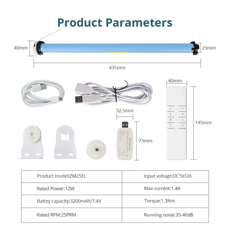 Zemismart RF Electric Roller Shutter Motor Rechargeable for 37mm Tube Work with WiFi Dongle Solar Panel works with Tuya Alexa Google Assistant