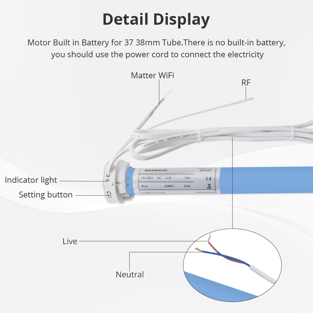 Zemismart Matter over Wifi Roller Shade Motor for 37mm Home App Google Home App SmartThings App Control