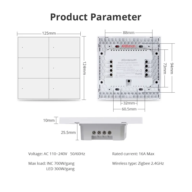 Zemismart 6 Gangs Smart Zigbee Switch 4x4 Push Button works with Tuya HomeKit Light Switch Alexa Google Home Voice Control SmartThings