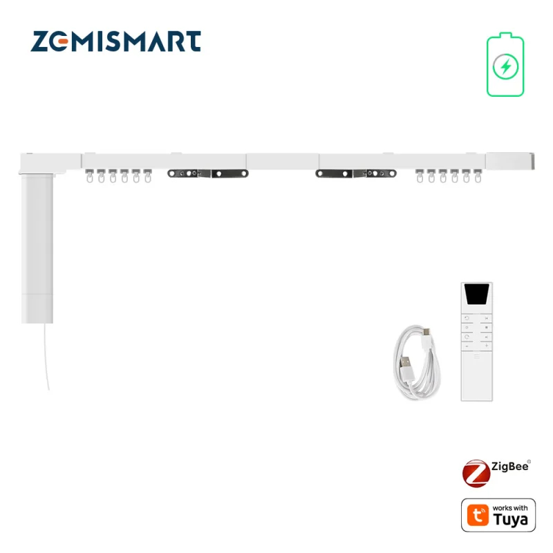 Zemismart Zigbee Electric Curtain Motor Built-in Battery with Sliding Track works with Tuya Alexa Echo Google Home Voice Control