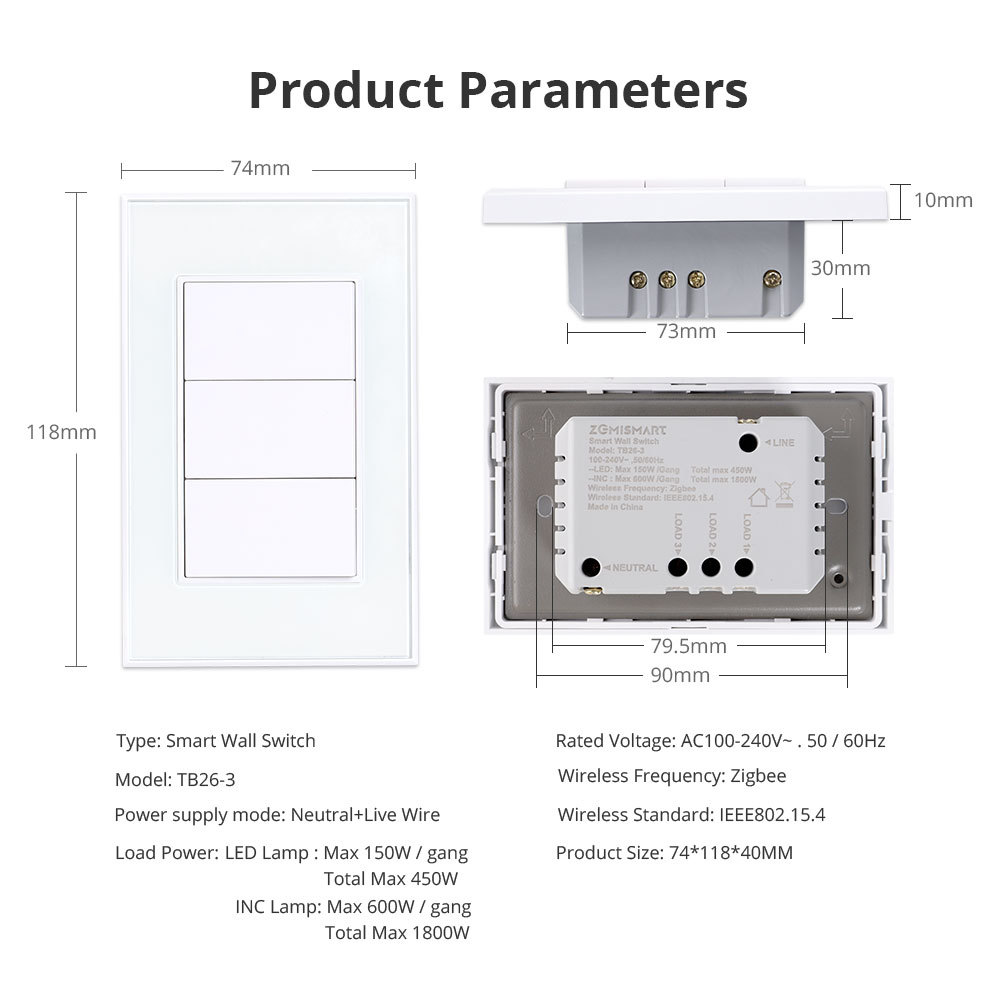 Zemismart Zigbee Push Button Switch Neutral Required works with Tuya HomeKit Siri Alexa Google Home Control Zemismart Zigbee Smart Switches