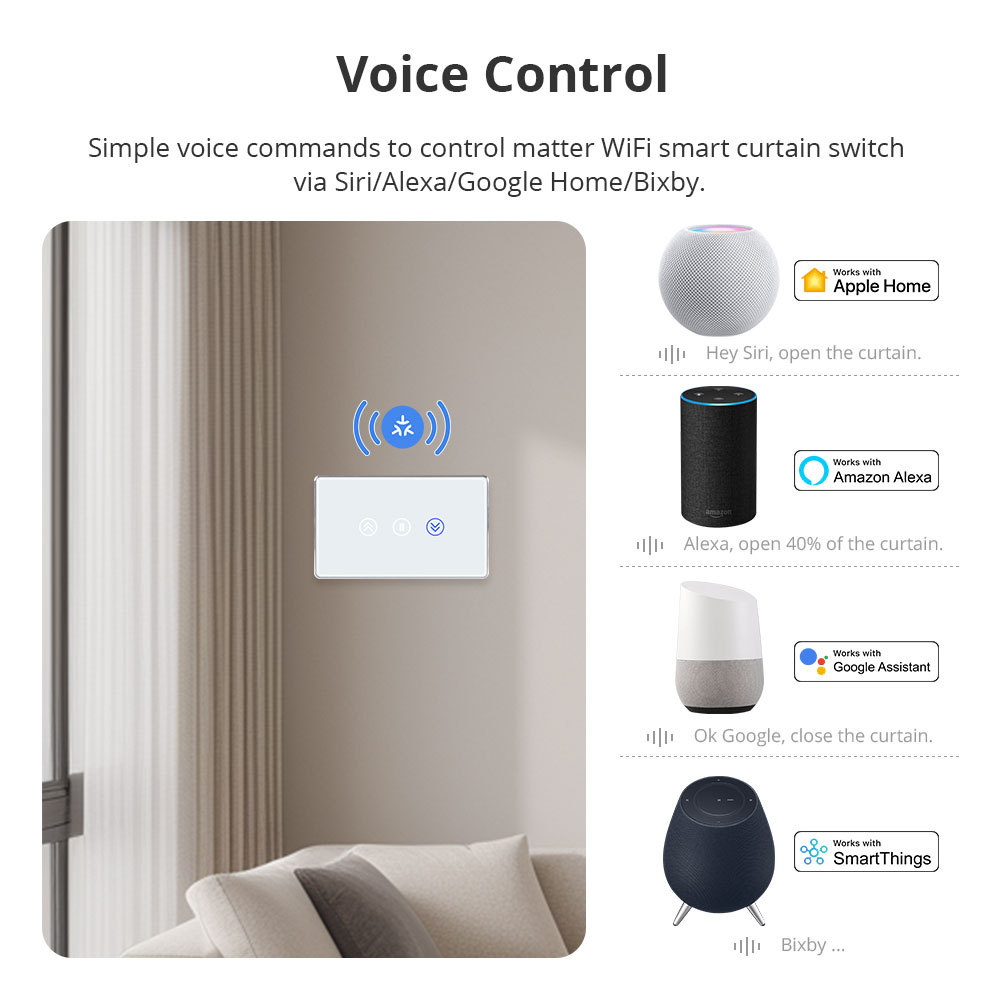 Zemismart Matter over Wifi Smart Curtain Switch Compatible Home SmartThings Google Home App Control