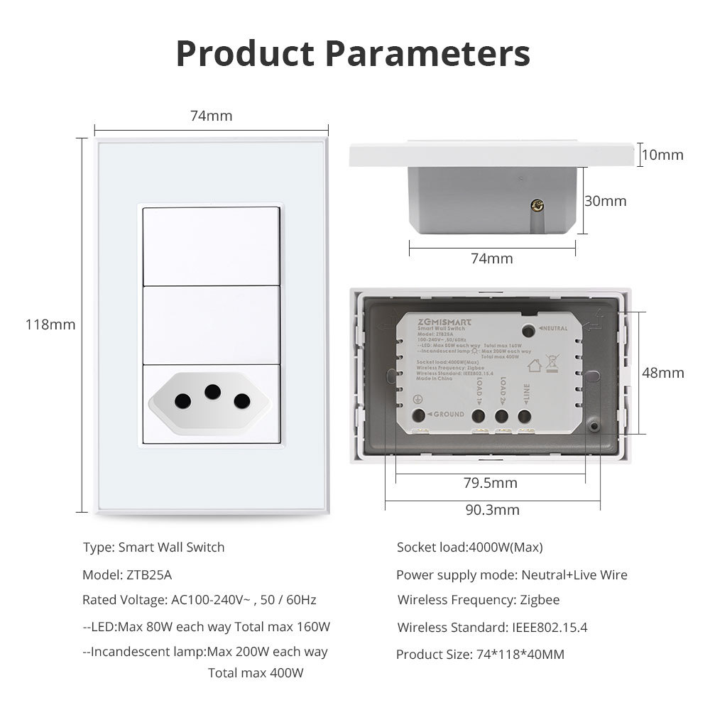 Zemismart  Zigbee Brazil Socket 20A Smart Light Switchworks with Tuya Alexa Google Home Voice Control Brazilian Swiss Wall Push Button Switch