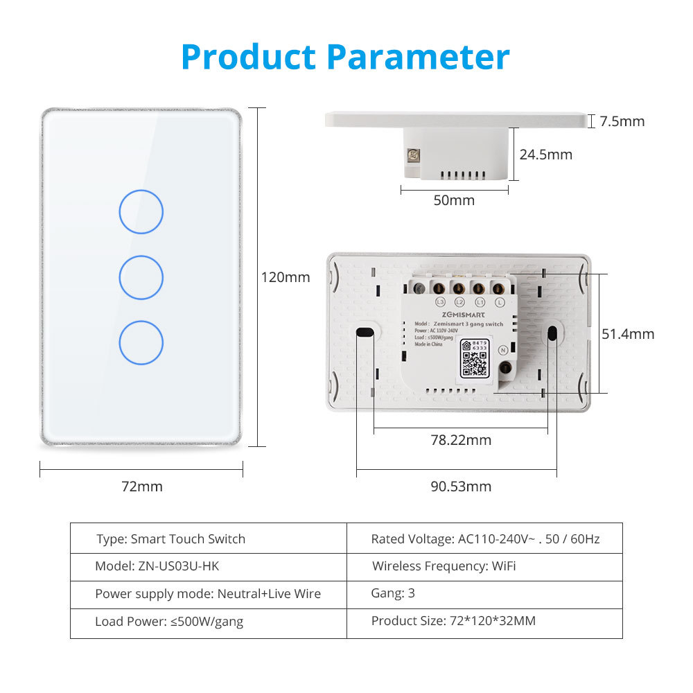 Zemismart HomeKit WiFi Smart Wall Light Switch 3 Gang Touch Screen US Switch works with Tuya Alexa Google Home Siri Voice Control