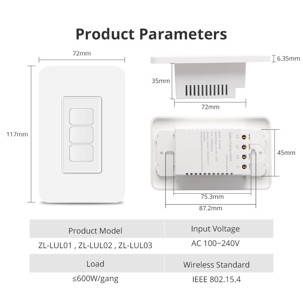 Zemismart Zigbee No Neutral Wall Light Switch 1 2 3 Gang works with Tuya Alexa Google Home US Interrupter Support HomeKit via ZMHK-01 Hub
