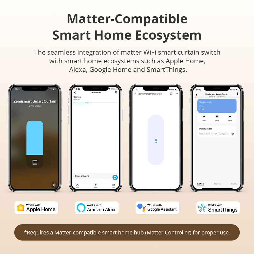 Zemismart Matter over Wifi Smart Curtain Switch Compatible Home SmartThings Google Home App Control