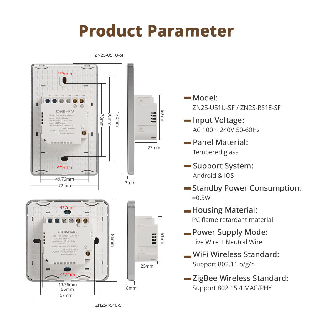 Zigbee Smart Fan Light Switch Neutral Required 1 Gang Touch Light Switch with Slider Control Fan Speed Work with Tuya Smart Life