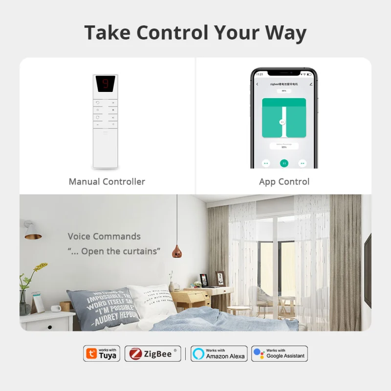 Zemismart Zigbee Electric Curtain Motor Built-in Battery with Sliding Track works with Tuya Alexa Echo Google Home Voice Control
