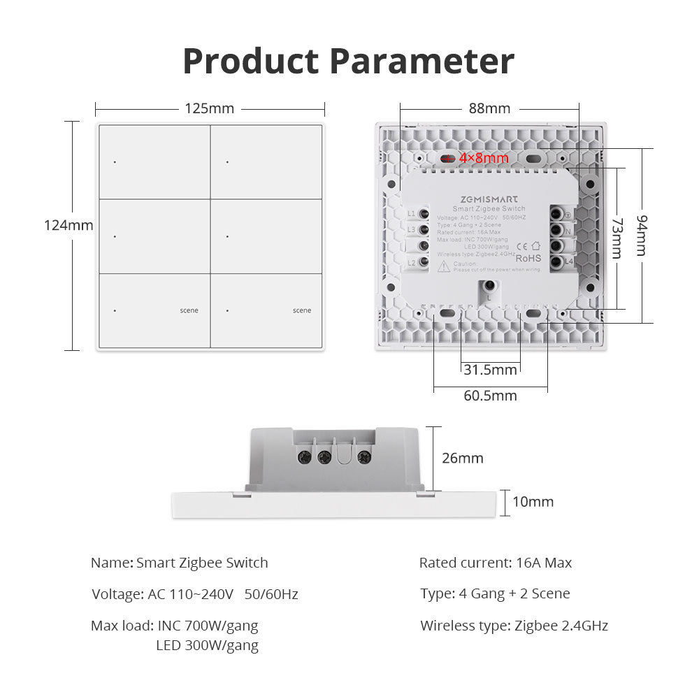 Zemismart Zigbee Smart 4 Gang Switch with 2 Gang Scene Switch 4X4 Push Button Light Switch Neutral Required works with Tuya Alexa Google Home Voice Co