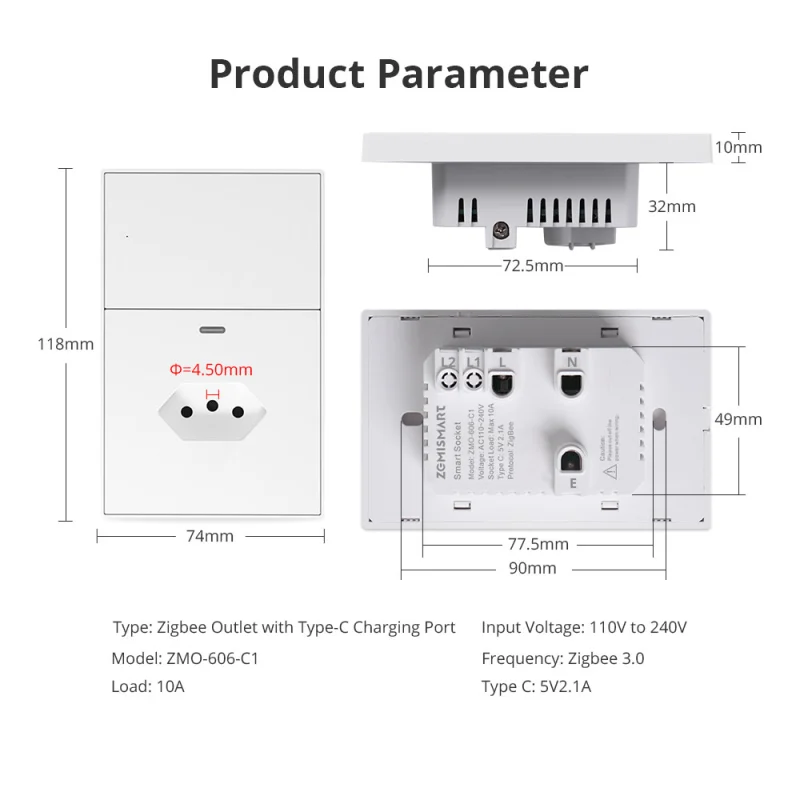 Zemismart Zigbee Smart Socket 10A Brazil Outlet with Type C Charging Port with Neutral works with Tuya Home Smart Life App Remote Control