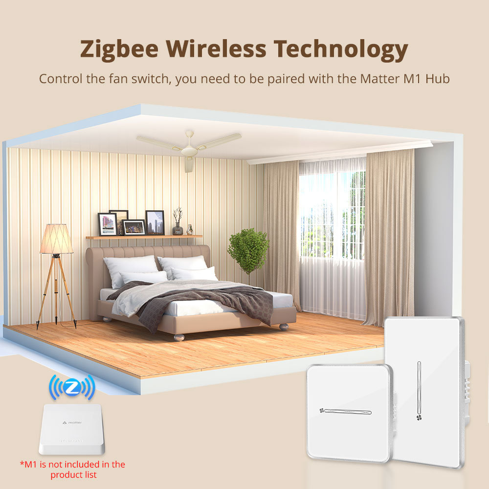 Zigbee Smart Fan Light Switch Neutral Required 1 Gang Touch Light Switch with Slider Control Fan Speed Work with Tuya Smart Life