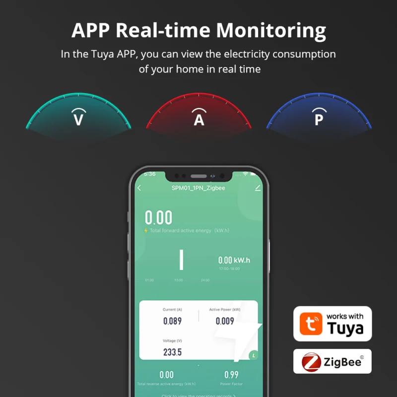 Zemismart  Zigbee 1 Phrase Smart Energy Monitor Real-time Electric Energy Meter works with Tuya Smart Life App Home Assisstant 110V 240V