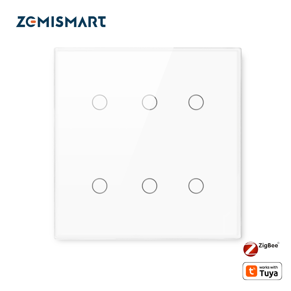 Zemismart 6 Gangs Zigbee Smart Wall Light Switch 4x4 Neutral Required Glass Panel Sensitive Touch works with Tuya HomeKit Switch Alexa Google