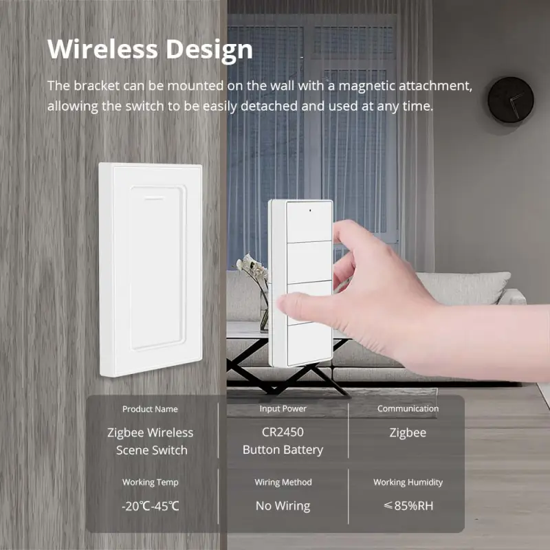 Zemismart Zigbee 4 Gang Wireless Scene Push Button Portable Switch works with Tuya App Control Battery Powered
