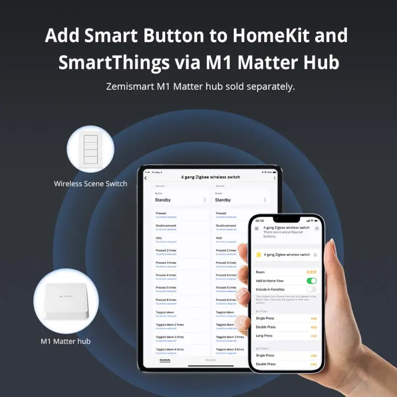 Zemismart Zigbee 4 Gang Wireless Scene Push Button Portable Switch works with Tuya App Control Battery Powered