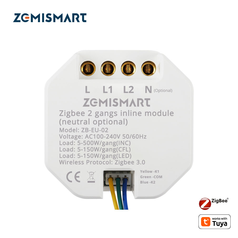 Zemismart Zigbee 2 Gangs Inline Module Neutral Wire Optional App Timer Control works with Tuya