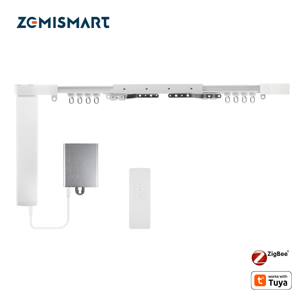 Zemismart Zigbee Smart Curtain Motor with Battery Customized Slide Curtain Track Remote Timer works with Tuya Alexa Google Home Voice