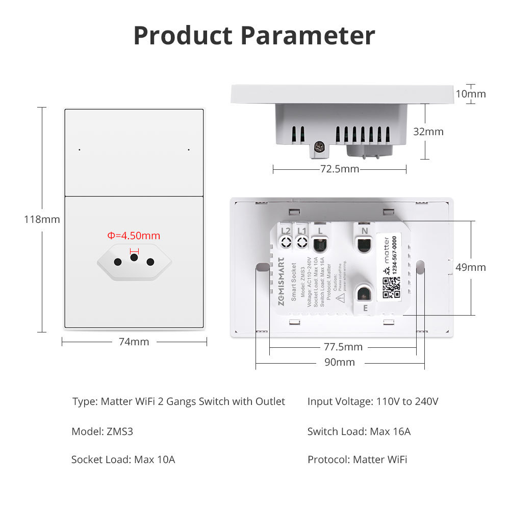 Zemismart Matter over Wifi 10A Brazil Socket 1 Poles Brazilian Wall Outlet Smartthings Homekit Google Home Control