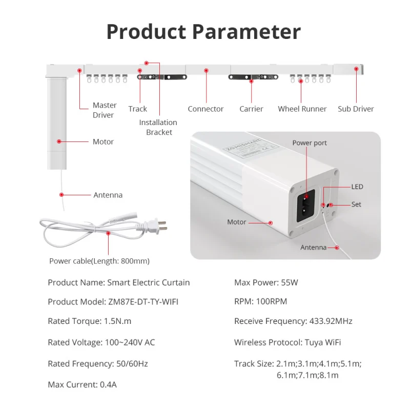 Zemismart WiFi Smart Curtain Customized Electric Curtain Motor With Tracket works with Tuya Alexa Google Home Enable RF Remote Control