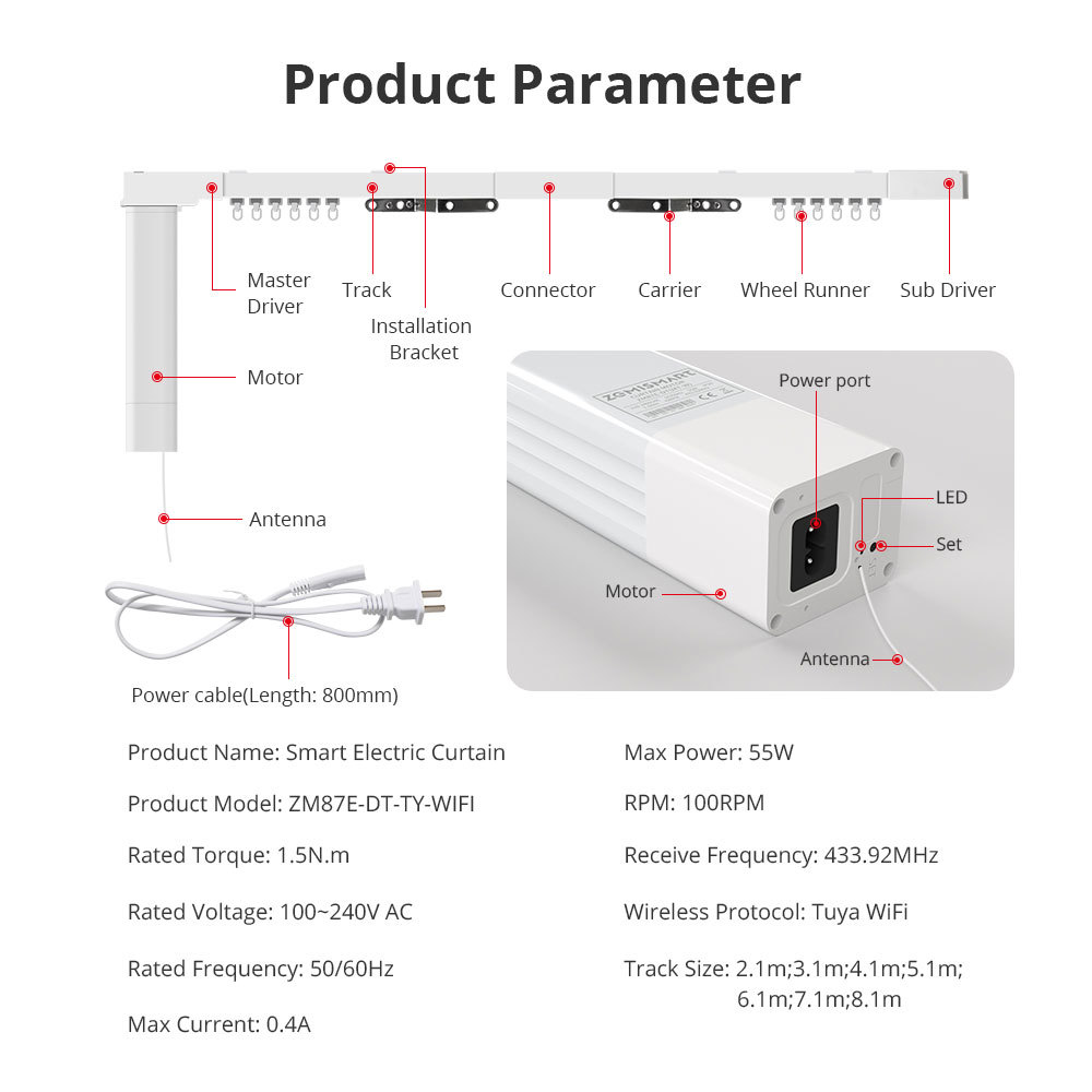 Zemismart WiFi Smart Curtain Customized Electric Curtain Motor With Tracket works with Tuya Alexa Google Home Enable RF Remote Control