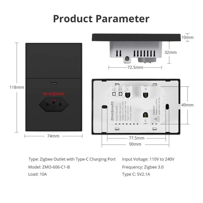 Zemismart Zigbee Smart Socket Black Color 10A Brazil Outlet with Type C Charging Port with Neutral works with Tuya Home Smart Life App Remote Control