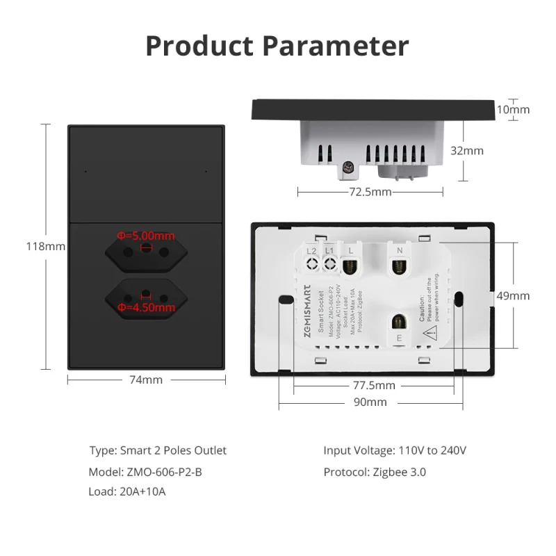 Zemismart Zigbee 10A+20A Brazil Socket Black Color 2 Poles Brazilian Wall Outlet Smartthings Homekit Google Home Control via M1 Hub