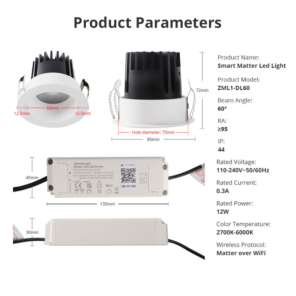 Zemismart Matter WiFi LED Downlight IP44 CCT 12W Dimmable Light Anti-Glare Support Homekit Smartthings Alexa Google Home Control