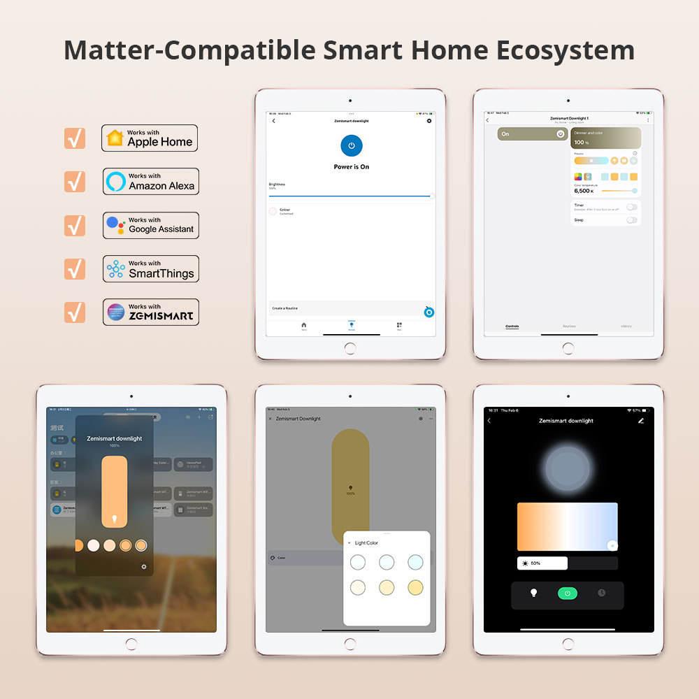 Zemismart Matter WiFi LED Downlight IP44 CCT 12W Dimmable Light Anti-Glare Support Homekit Smartthings Alexa Google Home Control