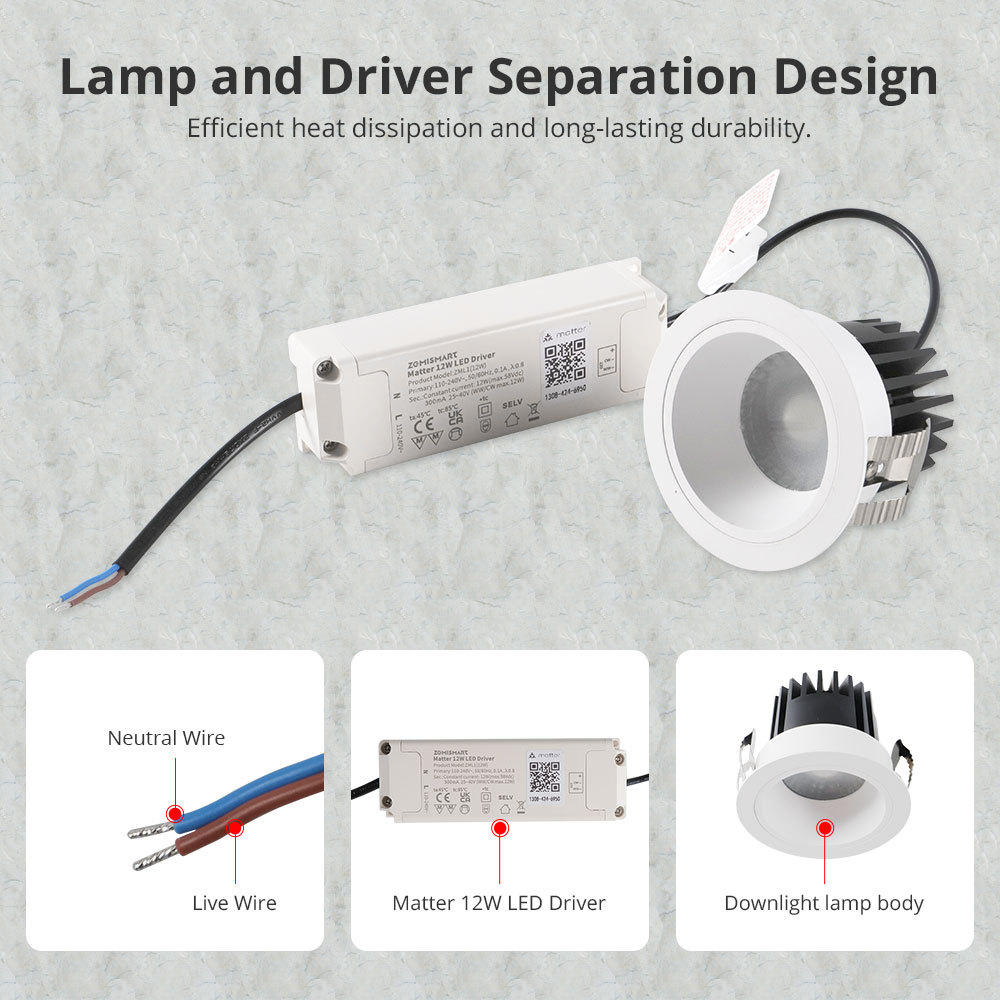 Zemismart Matter WiFi LED Downlight IP44 CCT 12W Dimmable Light Anti-Glare Support Homekit Smartthings Alexa Google Home Control