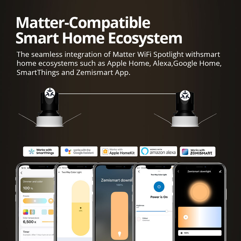 Zemismart Matter WiFi LED Spotlight 12W Anti-Glare Dimmable Ceiling Light Round Recessed Angle Adjustable Alexa Google Home App