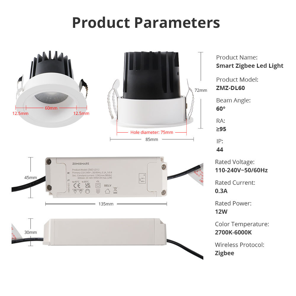 Zemismart Zigbee LED Downlight IP44 CCT 12W Dimmable Light Anti-Glare Support Tuya Homekit Smartthings Alexa Google Home Control