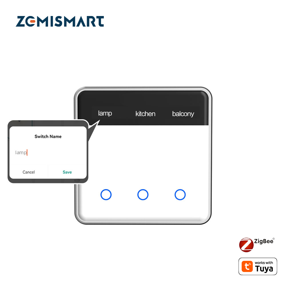 Zemismart Smart Home Products DIY Name Switch works with Tuya Zigbee Smart Display Screen Light Touch Switch Smart Life Alexa Google Home